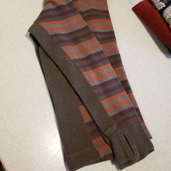 Prana Logo Breathe Cotton Hiking Outdoorsy Pullover Crewneck Brown Striped Med - Picture 9 of 9